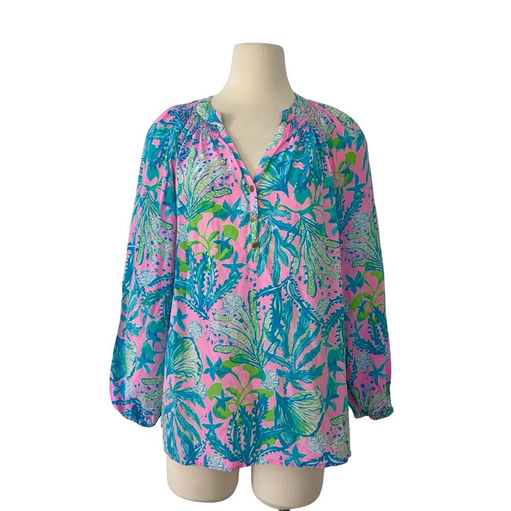 Lilly Pulitzer Silk Elsa Top Blouse Mandevilla Baby Hip Nautic Multicolor L